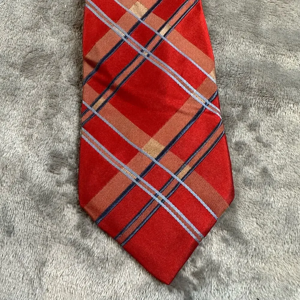Ike Behar New York Silk Tie Red Tartan Plaid Blue